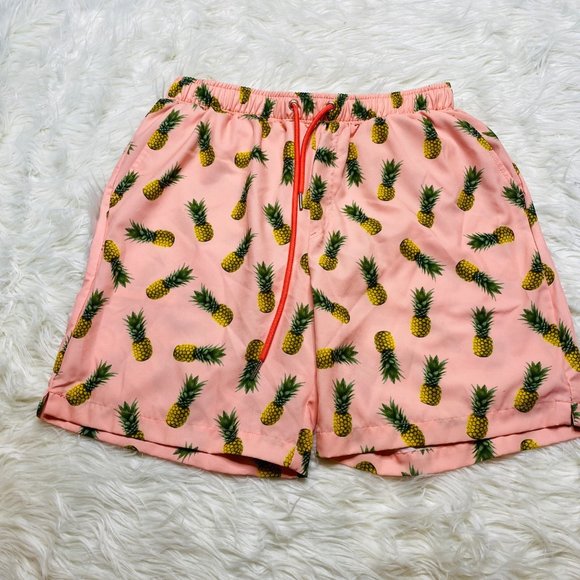 Mosmann Men's Short Drawstring Coral Pineapple Hawaiian 7" Swim Short Size Large